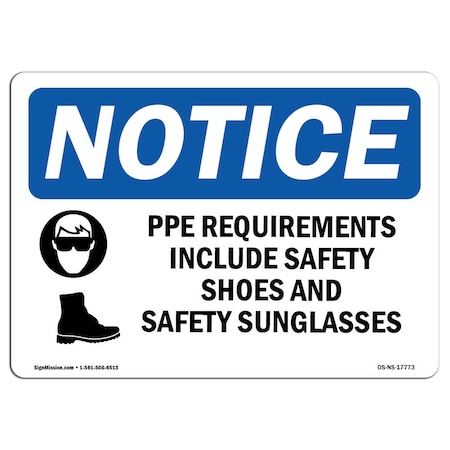 Signmission OSHA Sign, PPE Requirements Include With Symbol, 18in X 12in Rigid Plastic, 18" W, 12" H, Landscape OS-NS-P-1218-L-17773